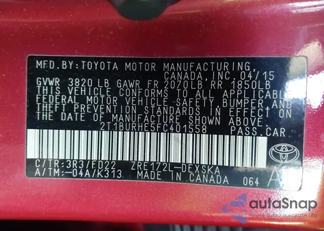 2015 Toyota Corolla S из США, поврежденный, VIN 2T1BURHE5FC401558